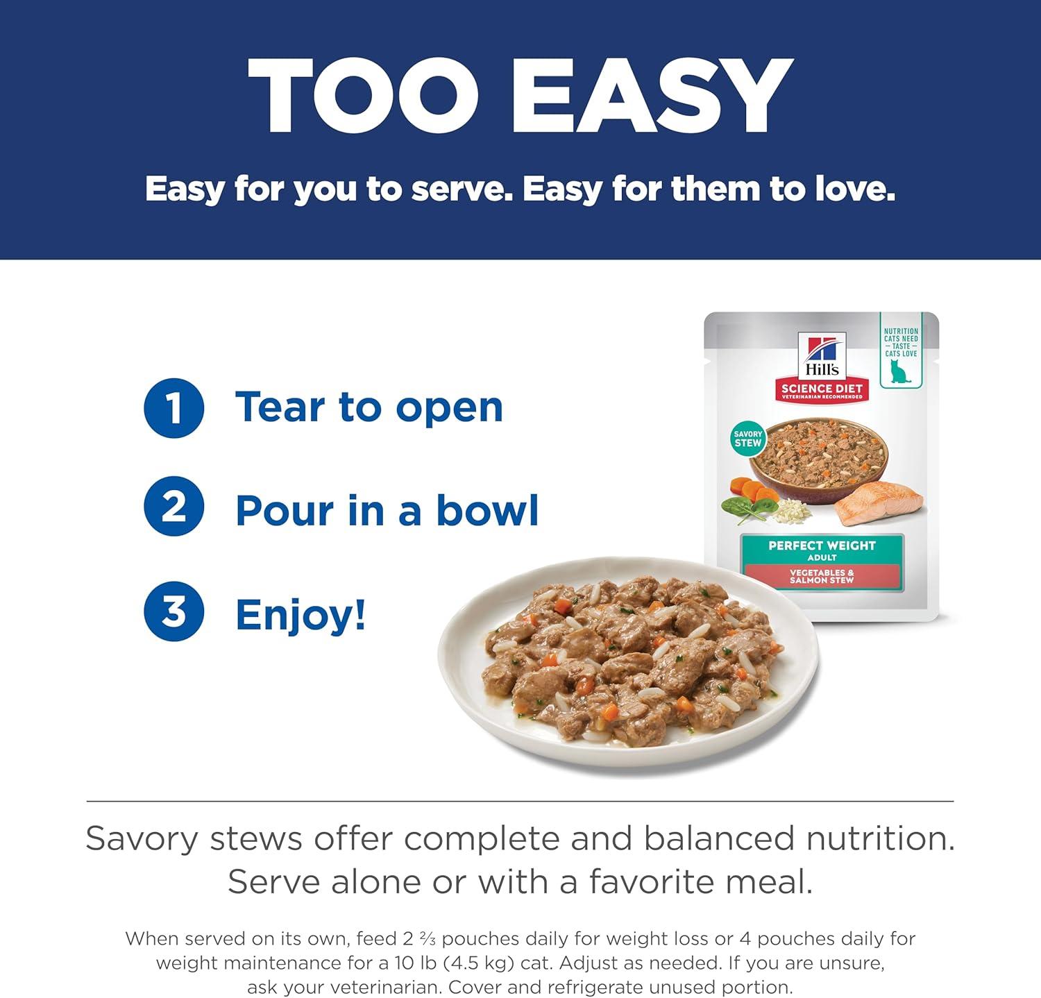 imageHills Science Diet Perfect Weight Adult 16 Weight Management Support Wet Cat Food Salmon ampamp Vegetables Stew 28 oz Pouch Case of 24Salmon Vegetables Stew