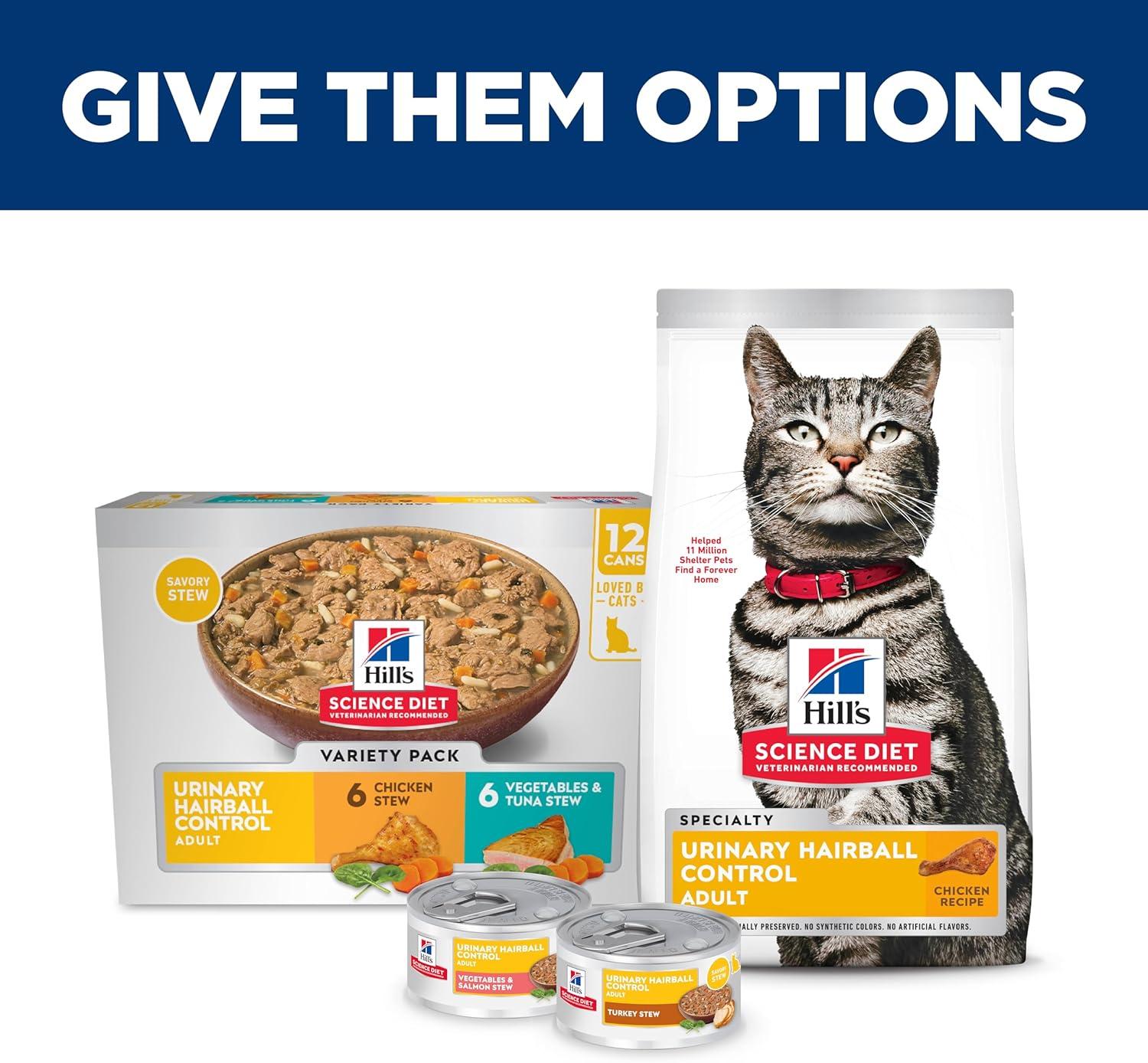 imageHills Science Diet Urinary Hairball Control Adult 16 Urinary Track Health ampamp Hairball Control Support Wet Cat Food Chicken Minced 55 oz Can Case of 24Variety Pack Chicken Tuna Vegetables Stew