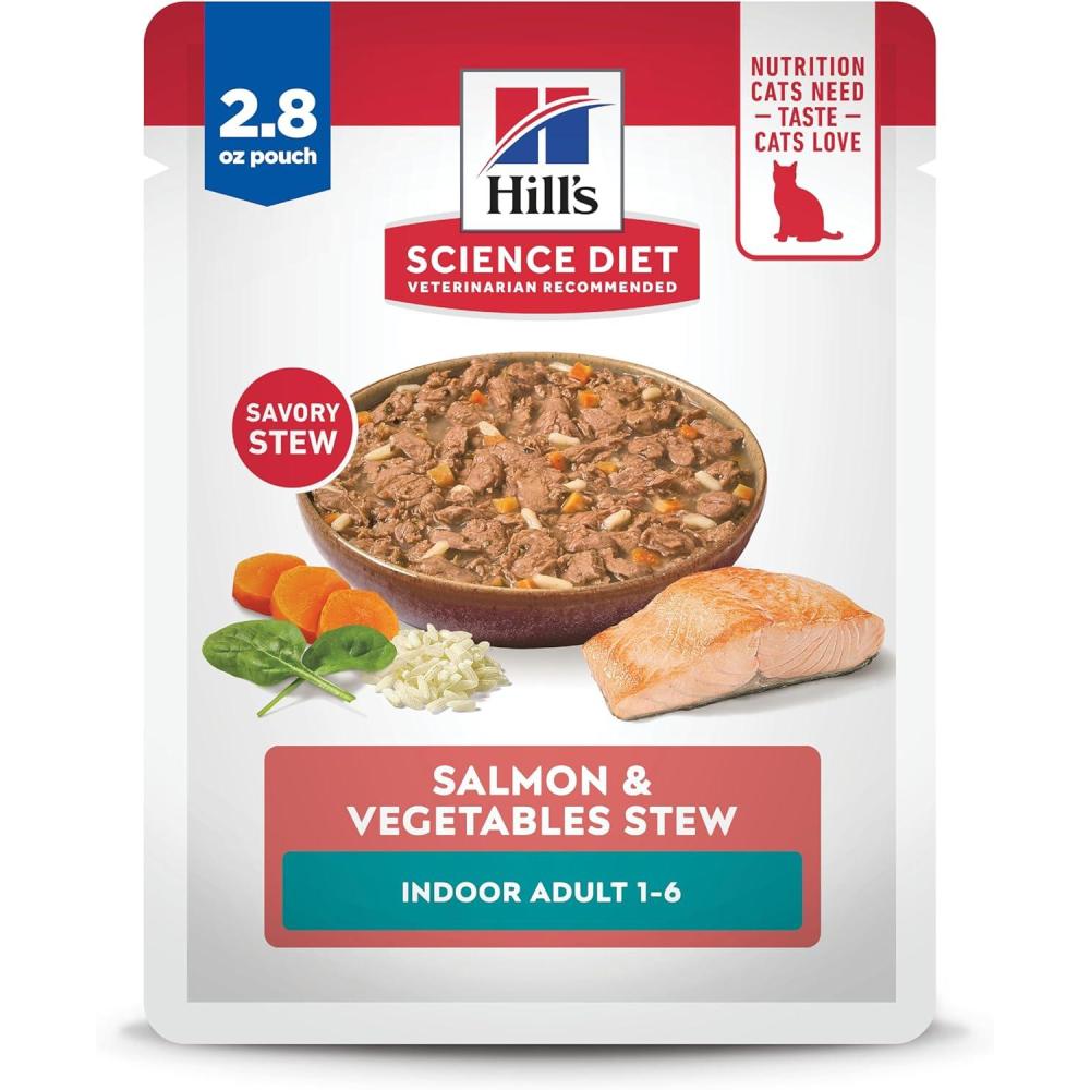 imageHills Science Diet Indoor Adult 16 Easy Litter Box Cleanup Wet Cat Food Salmon ampamp Vegetables Stew 28 oz Pouch Case of 24