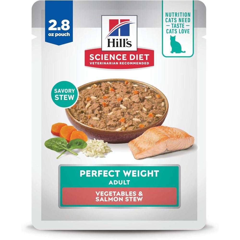 imageHills Science Diet Perfect Weight Adult 16 Weight Management Support Wet Cat Food Salmon ampamp Vegetables Stew 28 oz Pouch Case of 24Salmon Vegetables Stew