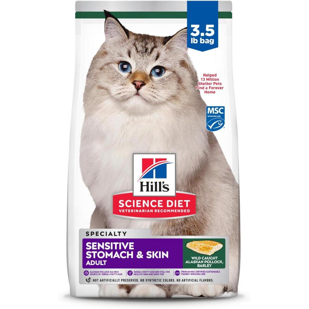 imageHills Science Diet Sensitive Stomach ampamp Skin Adult 16 Stomach ampamp Skin Sensitivity Support Dry Cat Food Chicken ampamp Rice 155 lb BagPollock Barley