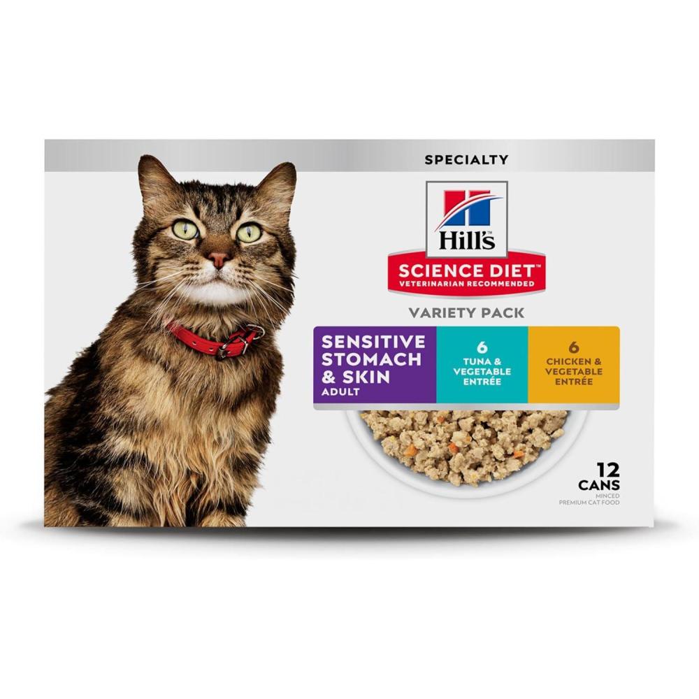 imageHills Science Diet Sensitive Stomach ampamp Skin Adult 16 Stomach ampamp Skin Sensitivity Support Wet Cat Food Chicken ampamp Vegetables Minced 29 oz Can Case of 24Variety Pack Chicken Tuna Minced