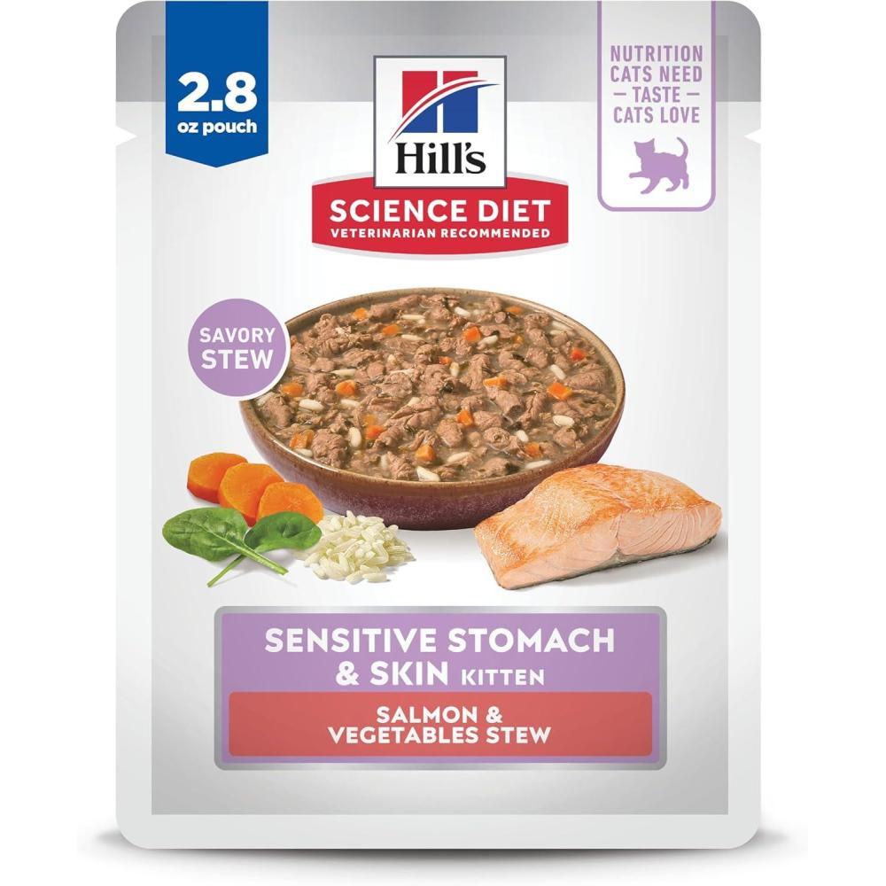 imageHills Science Diet Sensitive Stomach ampamp Skin Kitten Stomach ampamp Skin Sensitivity Support Wet Cat Food Salmon ampamp Vegetables Stew 28 oz Pouch Case of 24