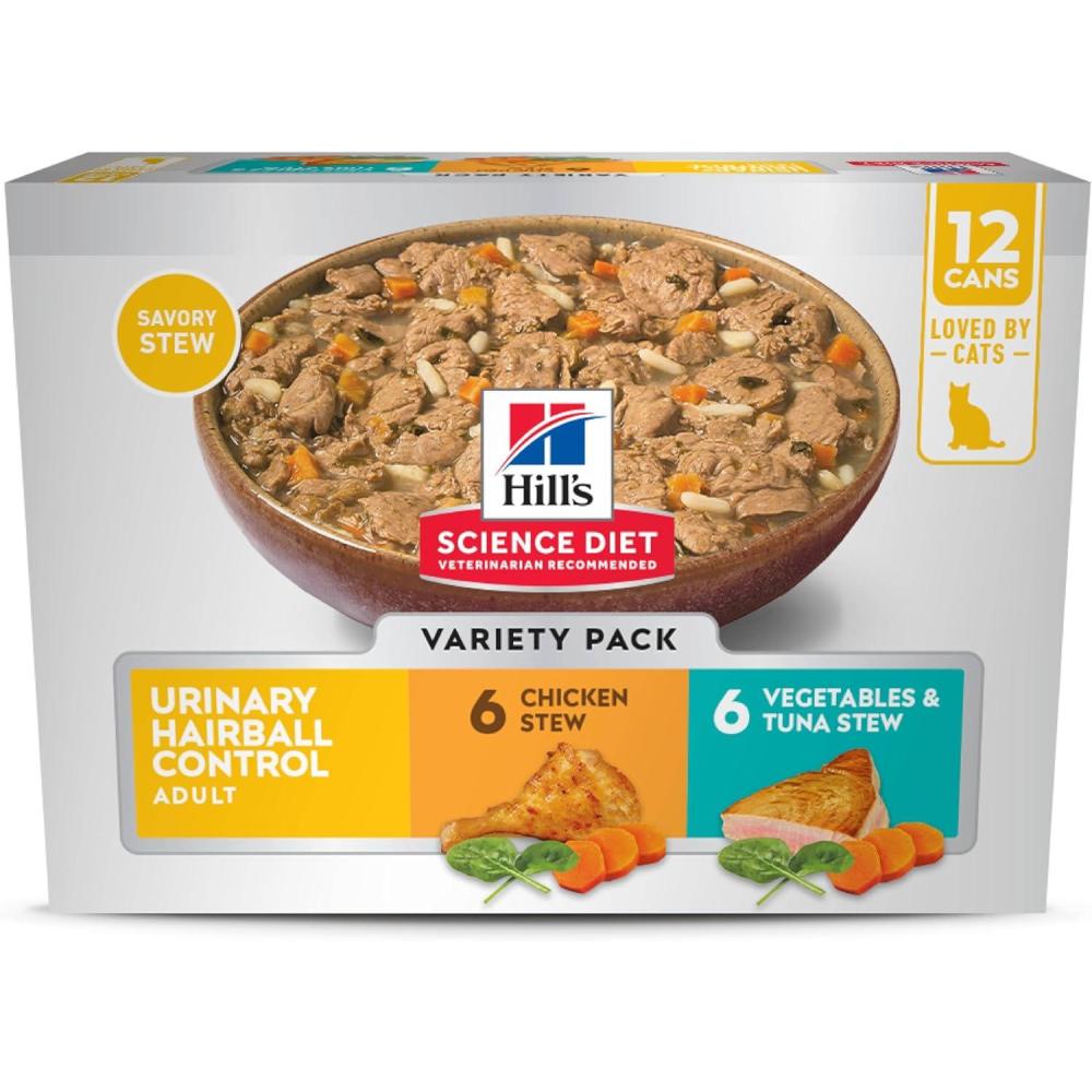 imageHills Science Diet Urinary Hairball Control Adult 16 Urinary Track Health ampamp Hairball Control Support Wet Cat Food Chicken Minced 55 oz Can Case of 24Variety Pack Chicken Tuna Vegetables Stew
