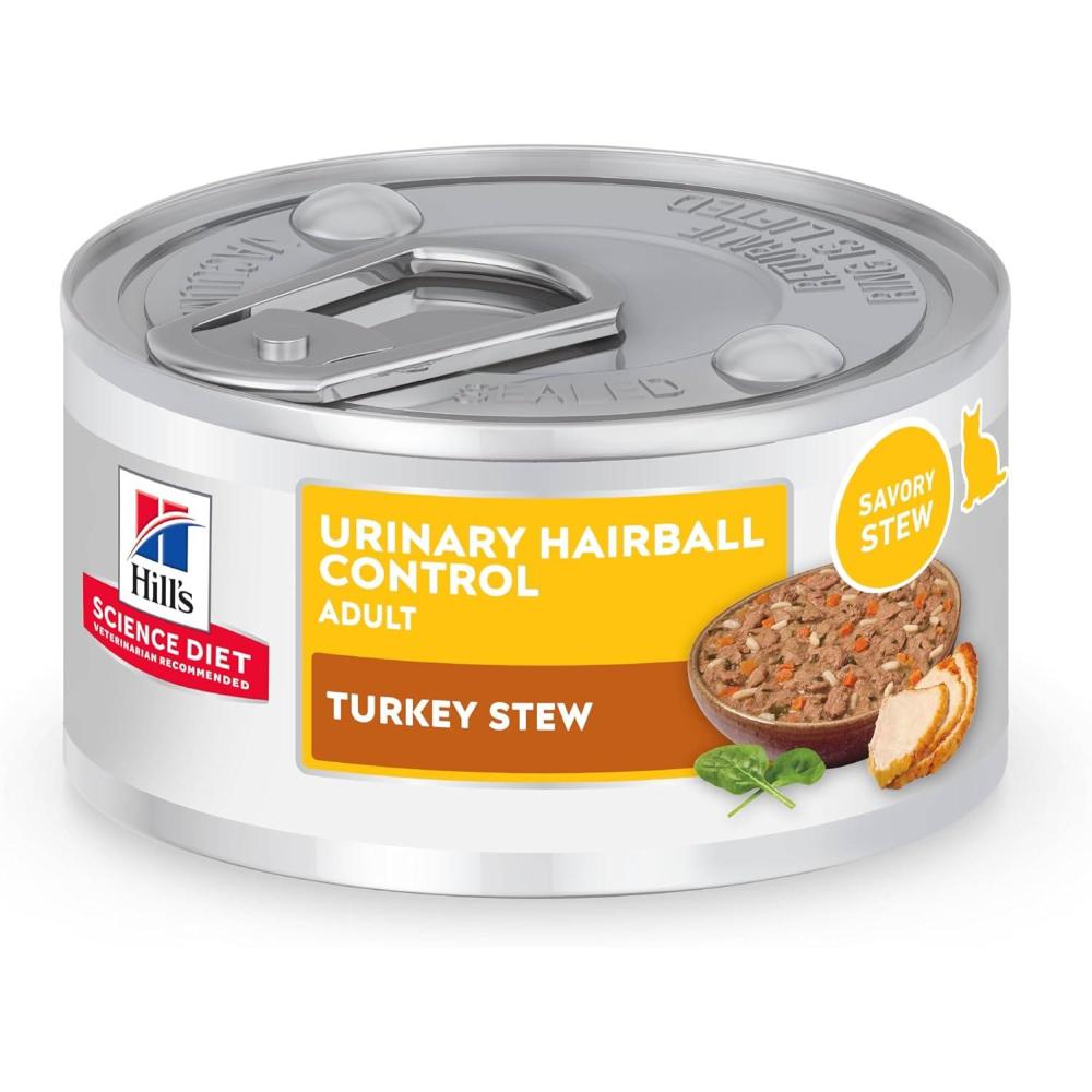 imageHills Science Diet Urinary Hairball Control Adult 16 Urinary Track Health ampamp Hairball Control Support Wet Cat Food Chicken Minced 55 oz Can Case of 24Turkey Vegetables Stew